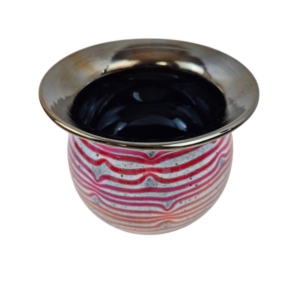 Studio Art Glass Vase Red Ribbon Stripe Black interior Hand Blown Contemporary - Picture 9 of 10